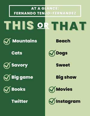 fernando tenjo-fernandez at a glance. he prefers mountains to the beach, dogs to cats, savory to sweet, a big game to a big show, instagram to twitter, and likes books and movies equally as much.